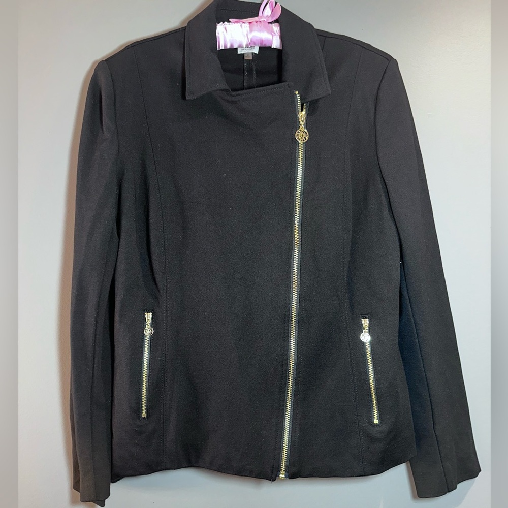 Anne Klein Black Moto Blazer Fitted Jacket with Gold Accents Medium - Picture 2 of 9